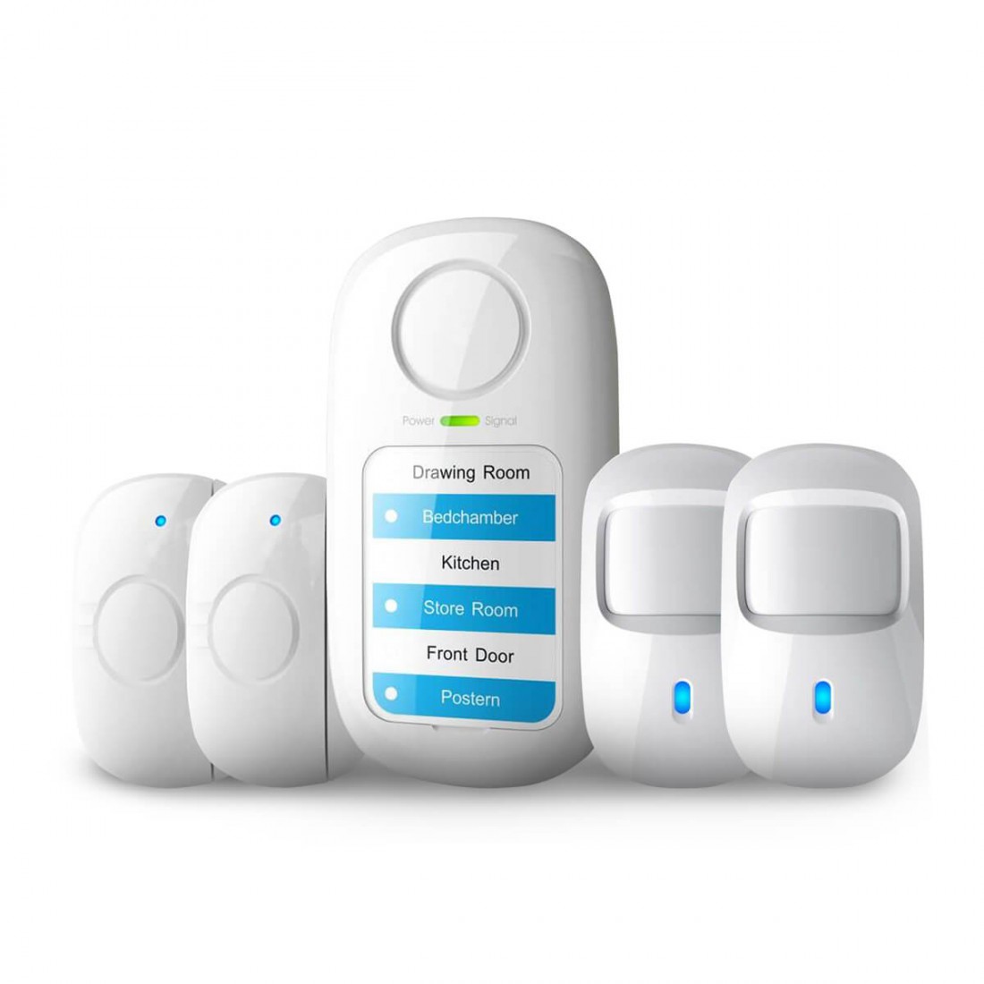 White wireless alarm kit with hub, two PIR motion sensors and two door/window contacts; hub shows power/signal LEDs and room labels.